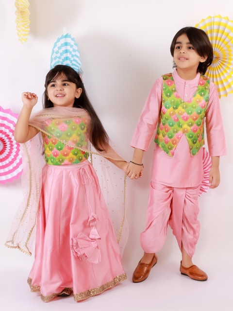 

Lil Peacock Boys Pink Floral Thread Work Kurta with Dhoti Pants