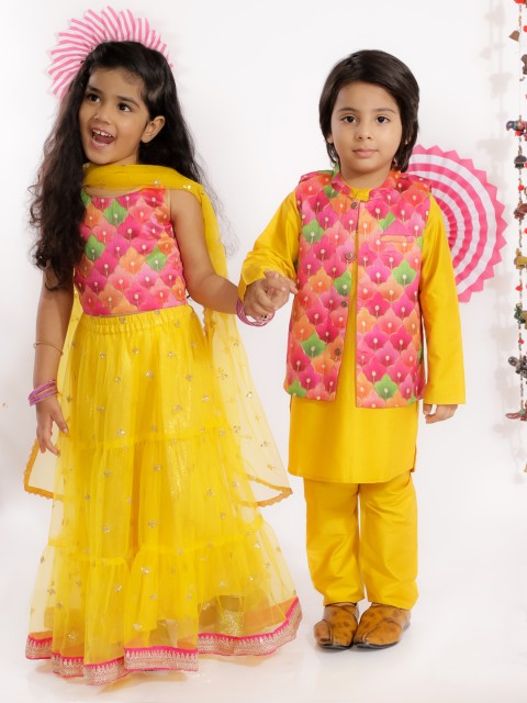 

Lil Peacock Boys Mustard Yellow Kurta with Pyjamas & Nehru Jacket