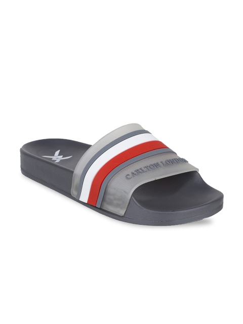 

Carlton London sports Men Grey & White Striped Rubber Sliders