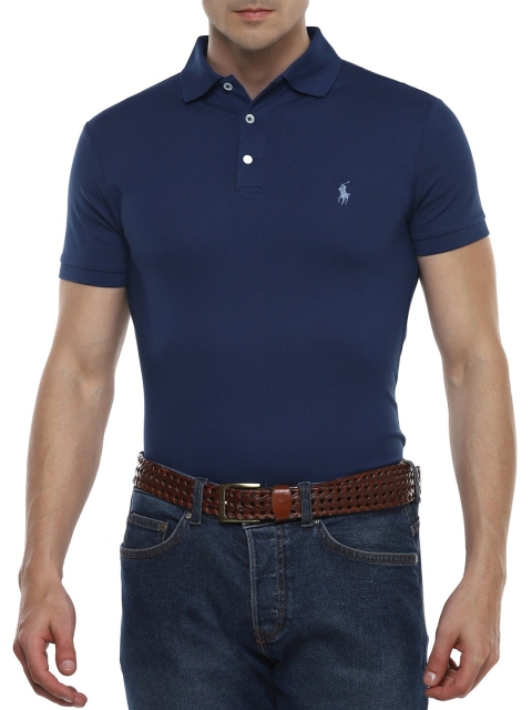 

Polo Ralph Lauren Men Cotton Blue Solid Polo Collar Slim Fit Pure Cotton T-shirt