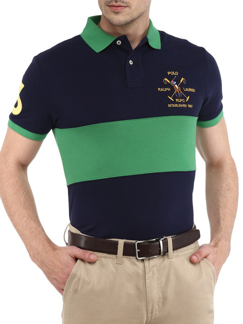 

Polo Ralph Lauren Men Navy Blue & Green Colourblocked Polo Collar Slim Fit T-shirt