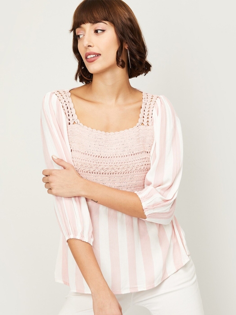 

CODE by Lifestyle Pink Striped & Self Designed Puff Sleeve Regular Top