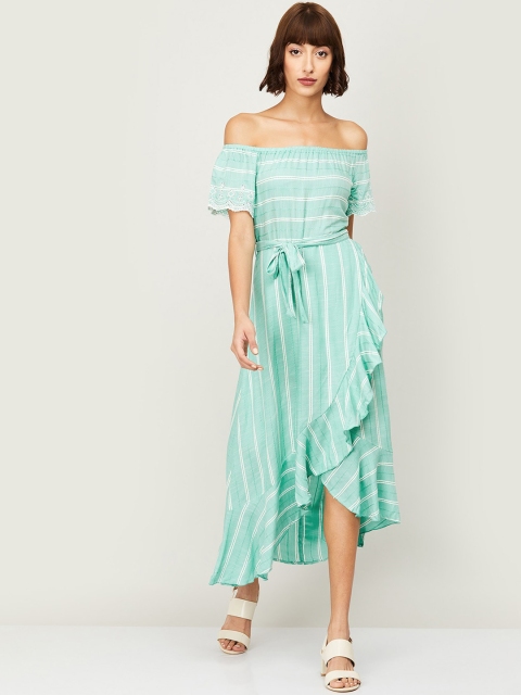 

CODE by Lifestyle Women Sea Green Striped Off-Shoulder Midi Dress