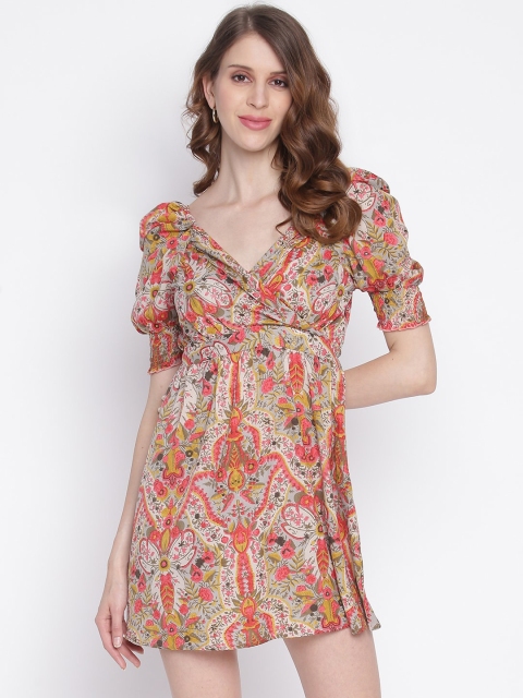 

INIESTA Beige Floral Mini Dress