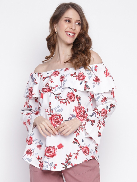 

INIESTA White Women Floral Printed Off-Shoulder Flared Sleeve Bardot Top
