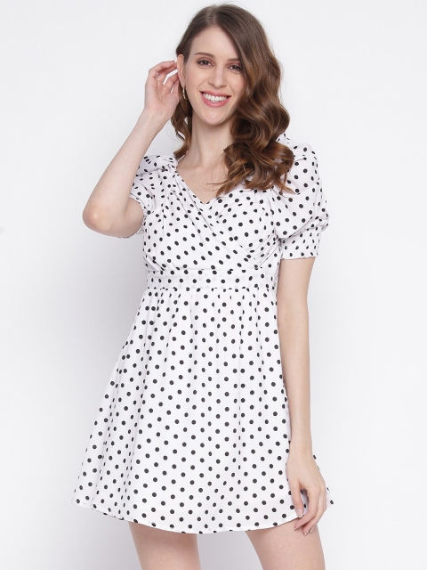 

INIESTA Women White & Black Polka Dot Printed Mini Fit & Flare Dress