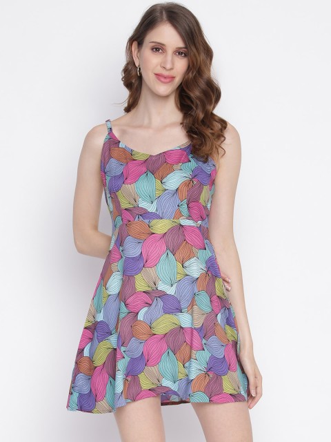 

INIESTA Purple & Pink Printed Mini Fit and Flare Dress