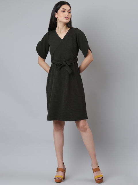 

INIESTA Women Grey Wrap Striped Dress With Waist Belt