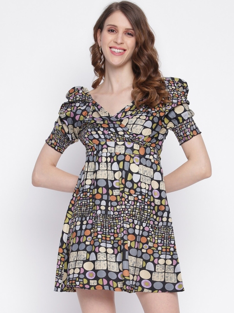 

INIESTA Women Black Abstract Printed Fit and Flare Mini Dress