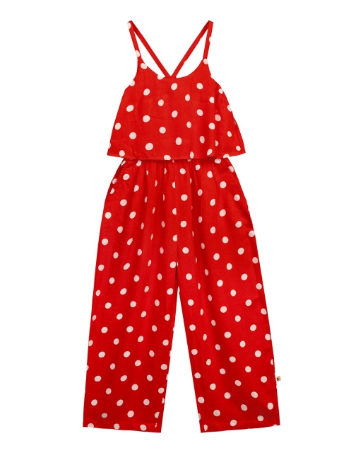 

Budding Bees Girls Red & White Polka Dot Printed Basic Layered Jumpsuit