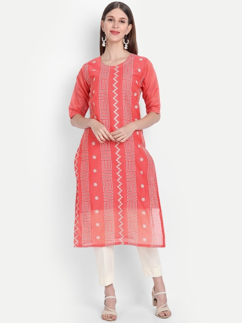 

7Threads Women Coral & White Geometric Embroidered Thread Work Chanderi Silk Kurta