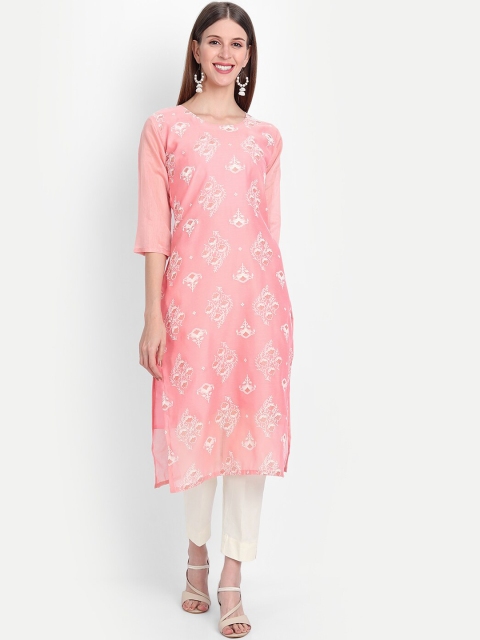 

7Threads Women Pink Floral Printed Chanderi Silk Chanderi Silk Kurta