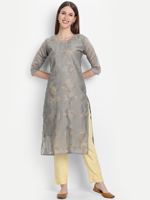 

7Threads Women Grey Foil Ethnic Motif Printed Chanderi Silk Straight Kurta