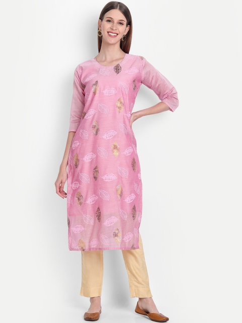 

7Threads Women Pink Floral Printed Chanderi Silk Straight Kurta