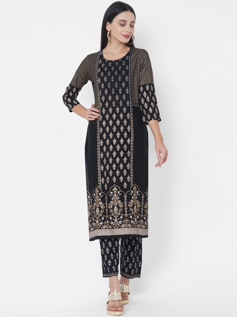 

FASHOR Women Black & Gold-Toned Ethnic Motifs Printed Straight Kurta