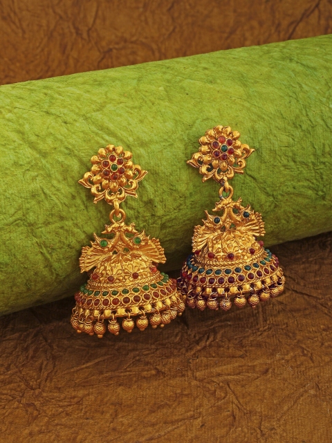 

Spargz Gold-Toned Red & Green Artificial Stone Studded Peacock Shaped Jhumka Earrings