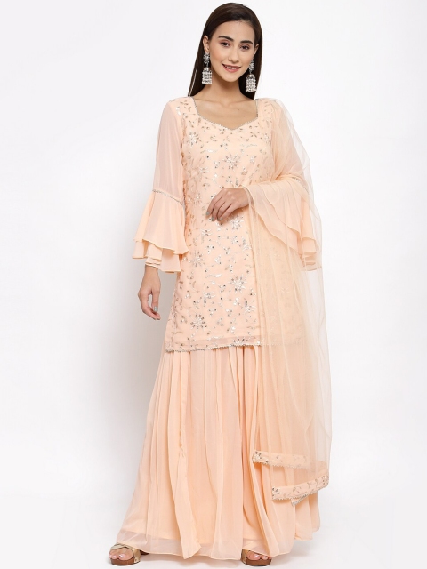 

KHALOM Women Peach-Coloured Floral Embroidered Kurta with Sharara