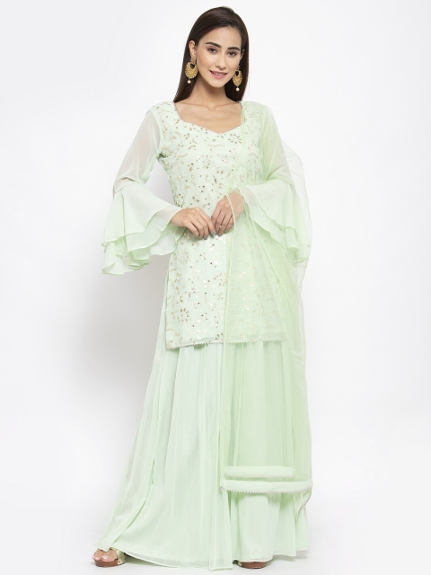 

KHALOM Women Green Floral Embroidered Sequinned Kurti with Palazzos & With Dupatta