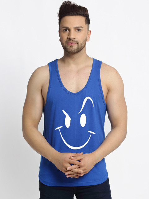

Friskers Men Blue & White Smiley Printed Pure Cotton Gym Vest C211-05