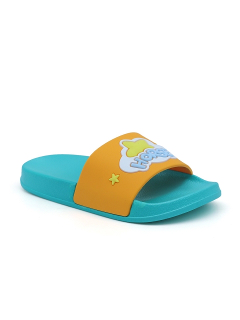 

FEETWELL SHOES Kids Turquoise Blue & Yellow Printed Sliders