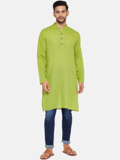 

indus route by Pantaloons Men Lime Green Self Design Cotton Kurta