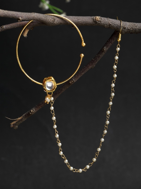 

Ruby Raang Gold-Toned & White Faux Kundan-Studded Meenakari Chained Nose Ring