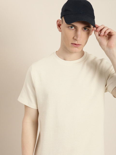 

ether Men Cream-Coloured Striped Casual T-shirt