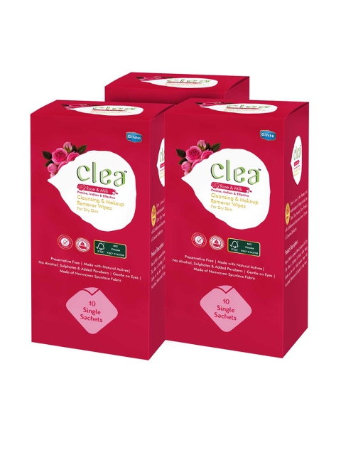 

Clea Set of 3 Rose & Milk Cleansing & Makeup Remover Wet Wipes -10 Pulls each, Red