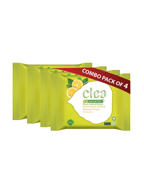 

Clea Set of 4 Lemon & Tulsi Cleansing & Makeup Remover Wet Wipes - 8 Pulls each, Yellow