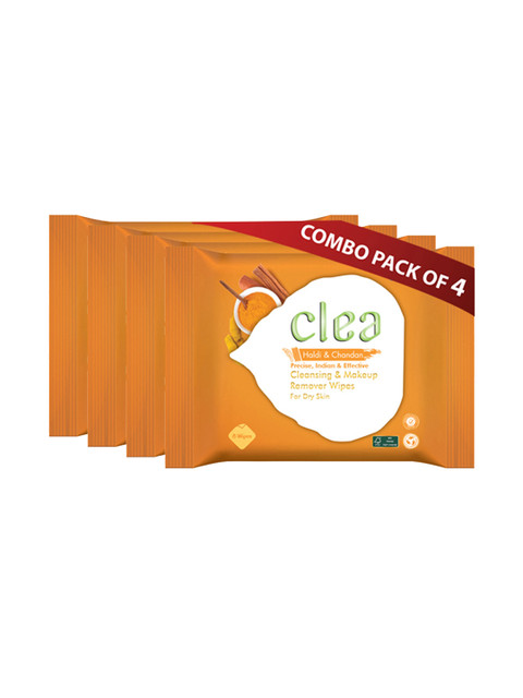 

Clea Set of 4 Haldi & Chandan Cleansing & Makeup Remover Wet Wipes - 8 Pulls each, Orange