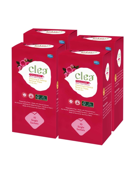 

Clea Set of 4 Rose & Milk Cleansing & Makeup Remover Wet Wipes - 10 Pulls each, Red