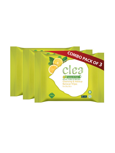 

Clea Set of 3 Lemon & Tulsi Cleansing & Makeup Remover Wet Wipes - 8 Pulls each, Yellow