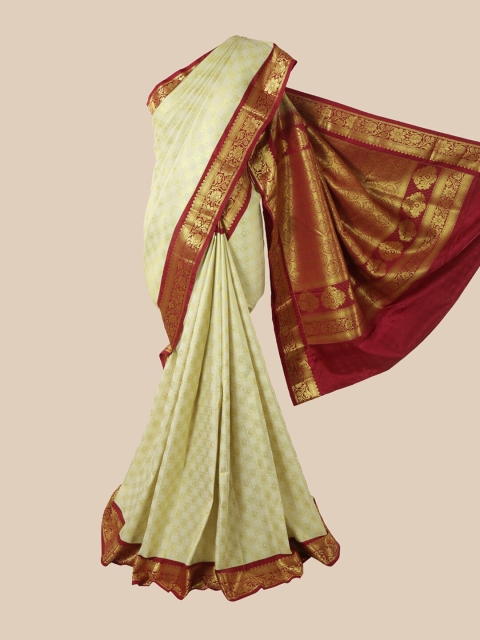 

Pothys Cream-Coloured & Red Floral Zari Pure Silk Saree