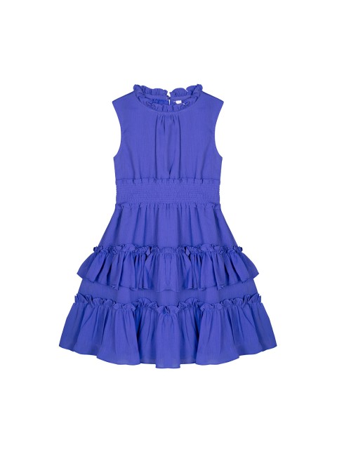 

Budding Bees Girls Blue Solid Ruffle Neck Tiered Georgette Fit & Flare Dress