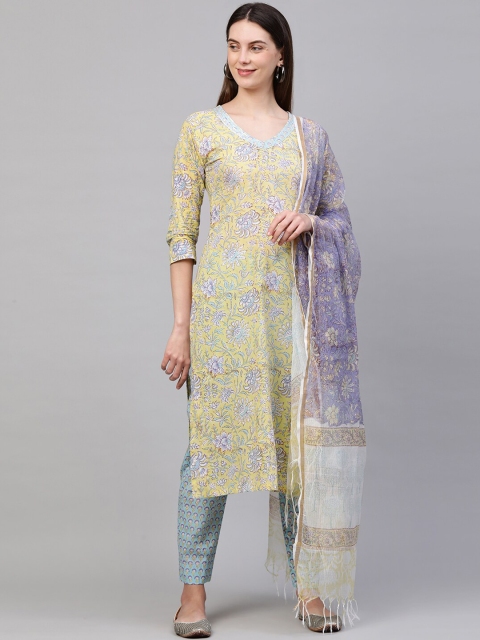 

FASHOR Women Yellow & Multicolro Block Print Pure Cotton Kurti Set with Dupatta