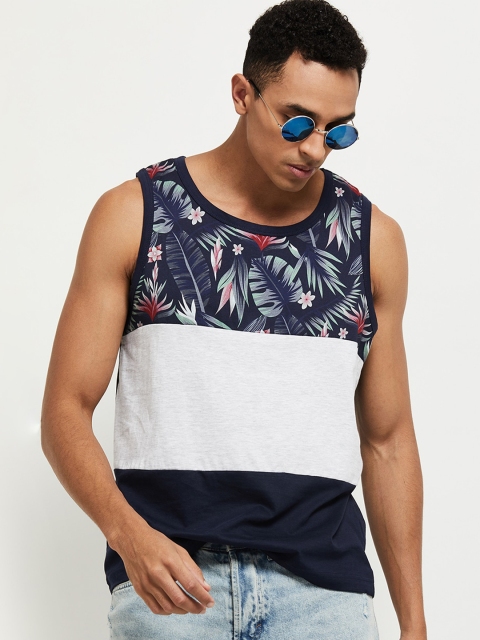 

max Men Navy Blue Pure Cotton Tropical Printed Pure Cotton T-shirt