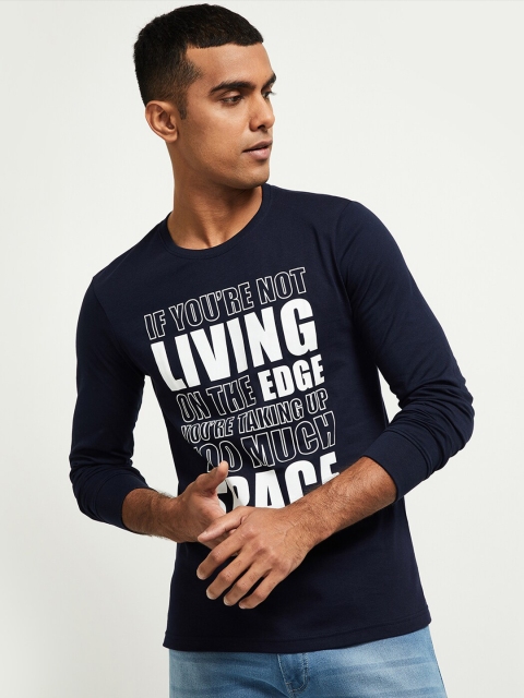 

max Men Blue White Typography Printed Pure Cotton T-shirt