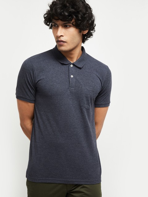 

max Men Blue Solid Polo Collar T-shirt