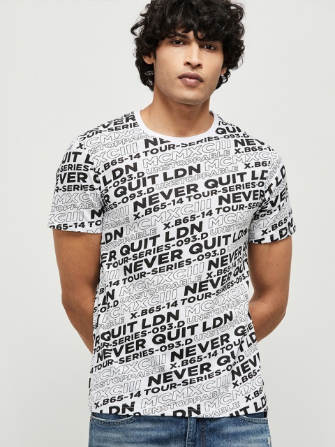 

max Men White Black Typography Printed Pure Cotton T-shirt