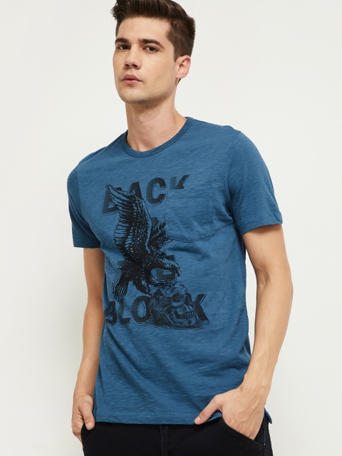 

max Men Blue Printed Pure Cotton T-shirt