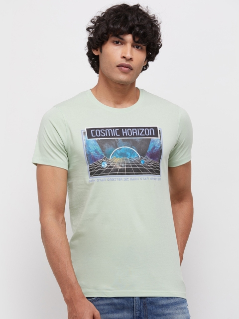 

max Men Green Blue Graphic Printed Pure Cotton T-shirt