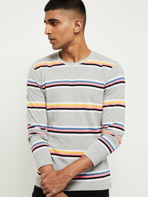 

max Men Grey Melange Horizontal Striped T-shirt