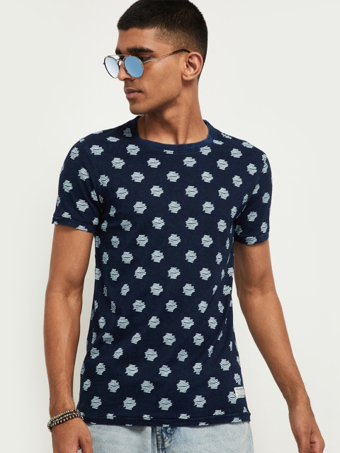 

max Men Blue Printed Pure Cotton T-shirt