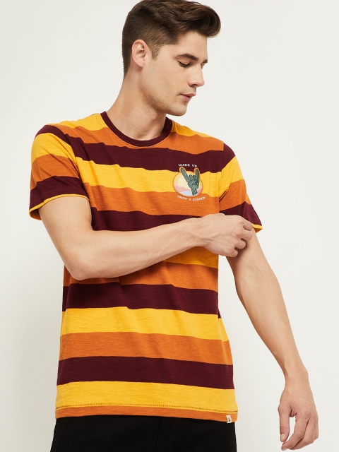 

max Men Brown Yellow Striped Pure Cotton T-shirt
