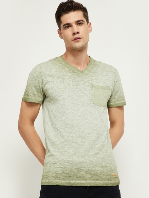 

max Men Olive Green Self Design Cotton Pure Cotton T-shirt