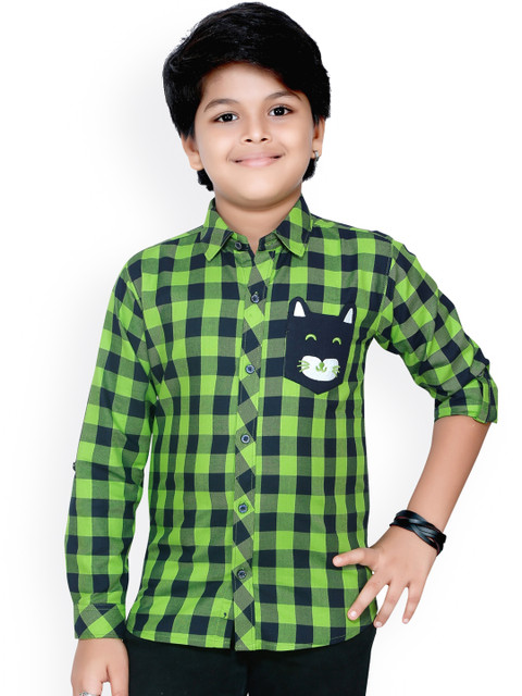 

RIKIDOOS Boys Green Buffalo Checks Checked Pure Cotton Casual Shirt