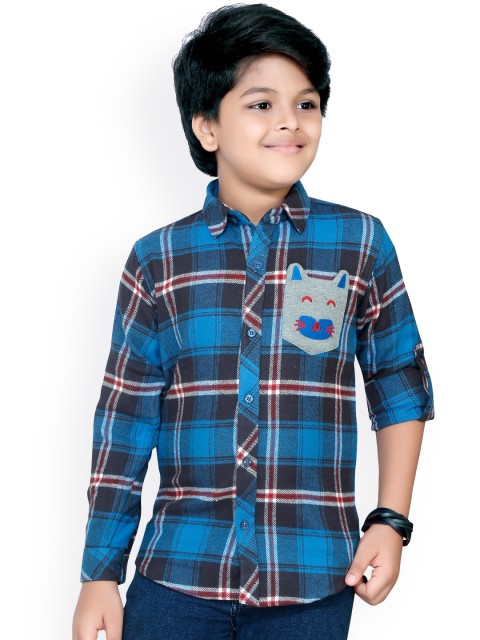 

RIKIDOOS Boys Turquoise Blue & Black Tartan Checked Casual Shirt