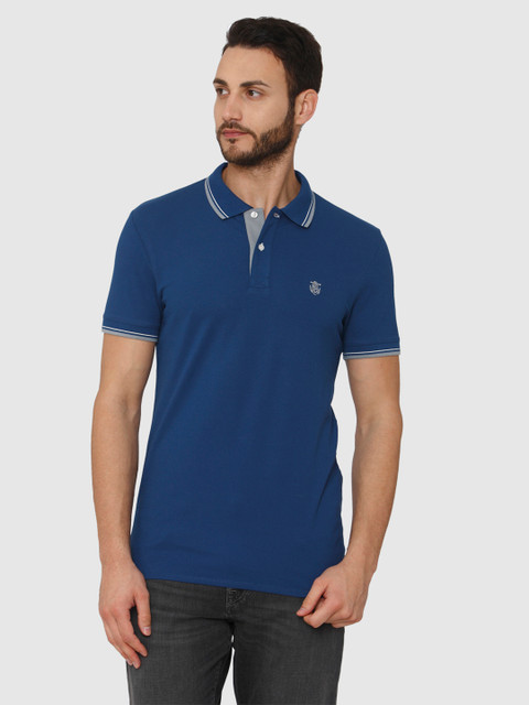

SELECTED Men Blue Solid Polo Collar T-shirt