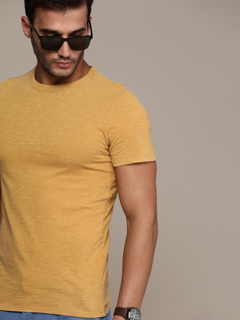 

SELECTED Men Mustard Yellow Pure Cotton T-shirt