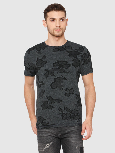 

SELECTED Men Charcoal Grey & Black Floral Printed Slim Fit T-shirt